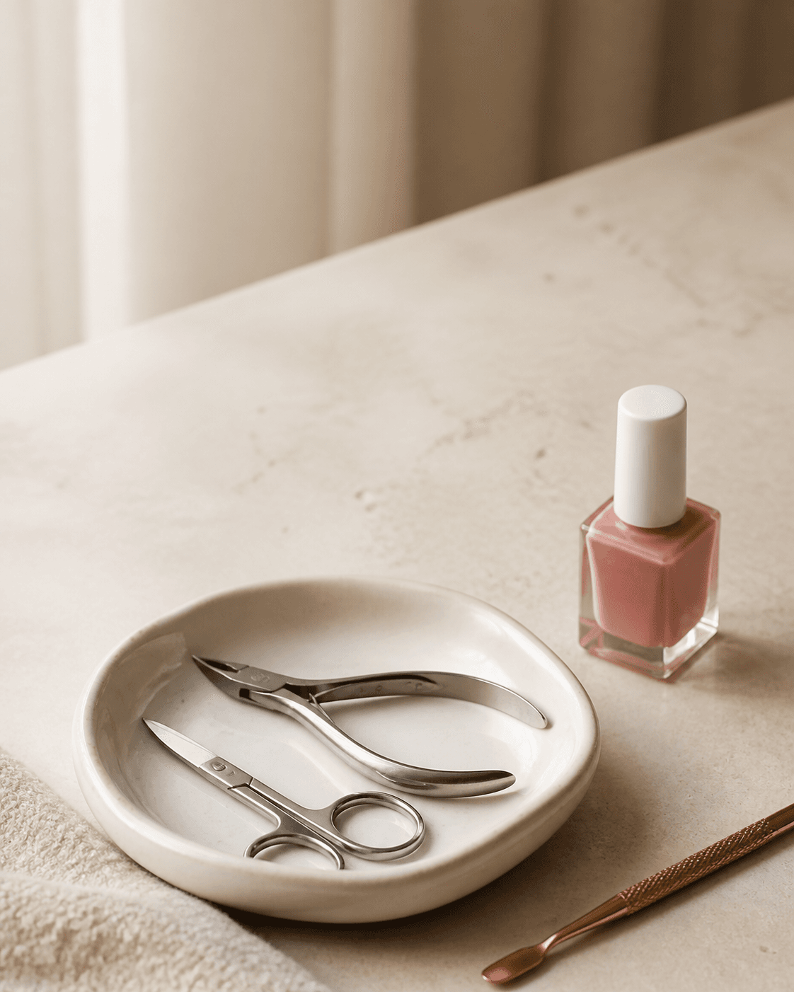 Clean manicure tools and a nail polish bottle